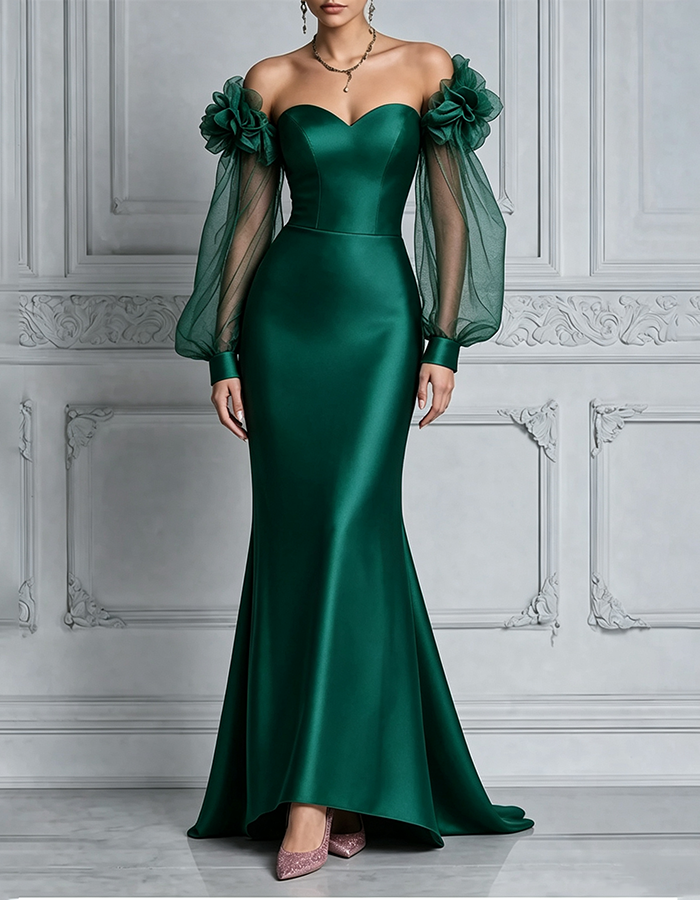 Rosa „Sweetheart“-Maxikleid im Meerjungfrauenstil aus Satin mit schulterfreiem Ausschnitt, 3D-Blumen, Puffärmeln aus Tüll