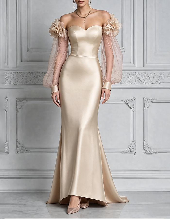 Rosa „Sweetheart“-Maxikleid im Meerjungfrauenstil aus Satin mit schulterfreiem Ausschnitt, 3D-Blumen, Puffärmeln aus Tüll