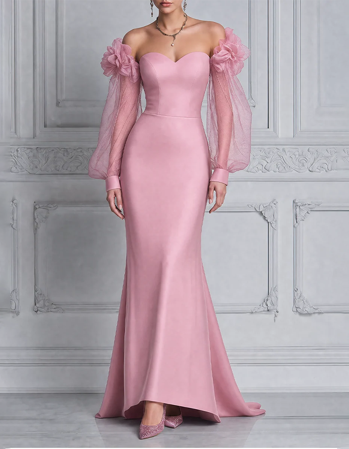 Rosa „Sweetheart“-Maxikleid im Meerjungfrauenstil aus Satin mit schulterfreiem Ausschnitt, 3D-Blumen, Puffärmeln aus Tüll