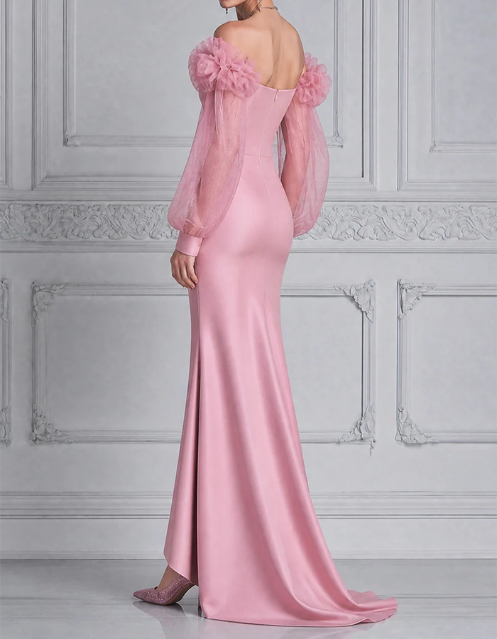 Rosa „Sweetheart“-Maxikleid im Meerjungfrauenstil aus Satin mit schulterfreiem Ausschnitt, 3D-Blumen, Puffärmeln aus Tüll