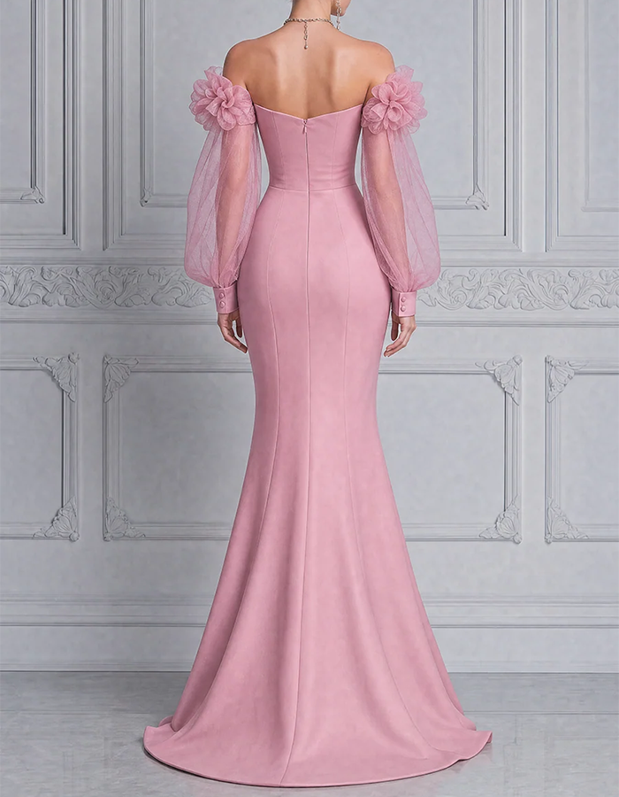 Rosa „Sweetheart“-Maxikleid im Meerjungfrauenstil aus Satin mit schulterfreiem Ausschnitt, 3D-Blumen, Puffärmeln aus Tüll