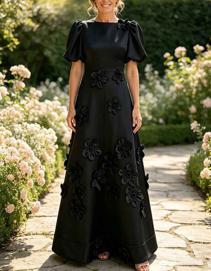 Boat Neck Puff Short Sleeve 3D Floral A‑Line Maxi Dress
