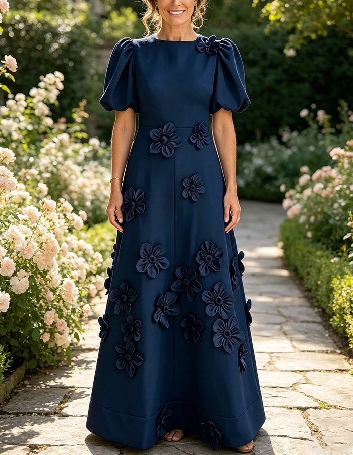 Boat Neck Puff Short Sleeve 3D Floral A‑Line Maxi Dress