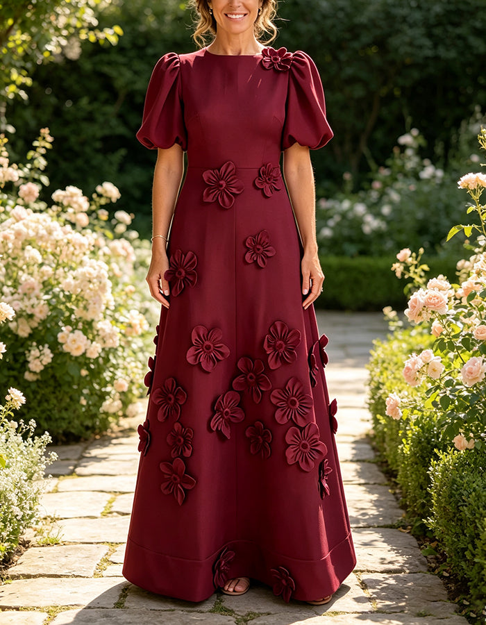 Boat Neck Puff Short Sleeve 3D Floral A‑Line Maxi Dress