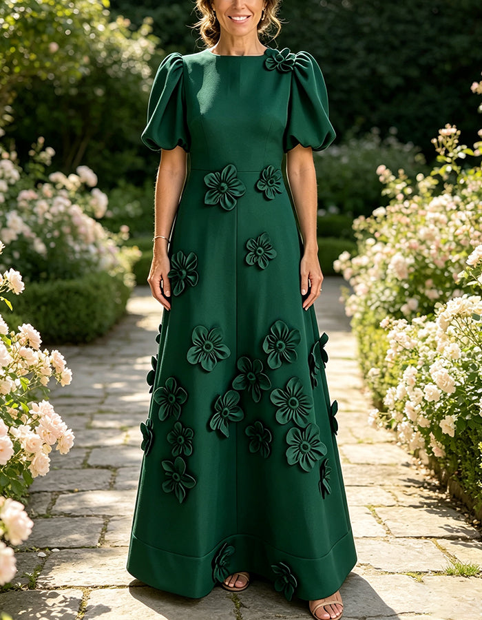 Boat Neck Puff Short Sleeve 3D Floral A‑Line Maxi Dress