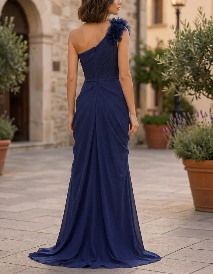 Marineblaues One-Shoulder-Maxikleid aus Chiffon mit 3D-Blumenmuster