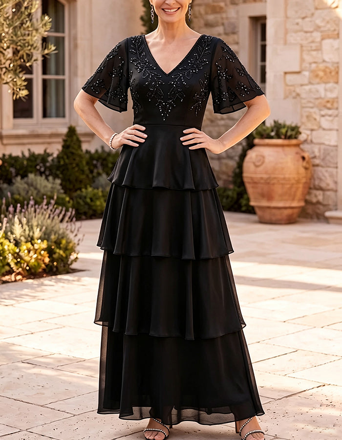 Maxikleid aus Chiffon mit V-Ausschnitt, Flatterärmeln und Stufenrock