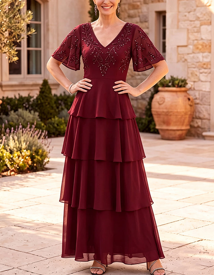 Maxikleid aus Chiffon mit V-Ausschnitt, Flatterärmeln und Stufenrock