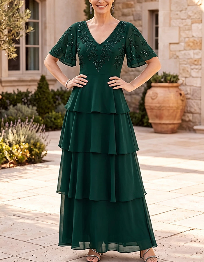 Maxikleid aus Chiffon mit V-Ausschnitt, Flatterärmeln und Stufenrock