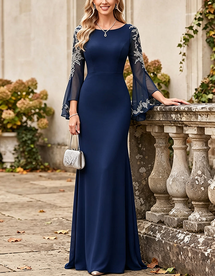 Robe longue maxi en mousseline à manches longues, avec encolure bateau et appliqué en dentelle