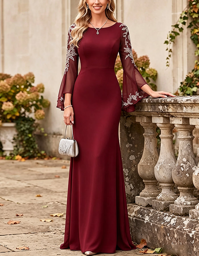 Robe longue maxi en mousseline à manches longues, avec encolure bateau et appliqué en dentelle