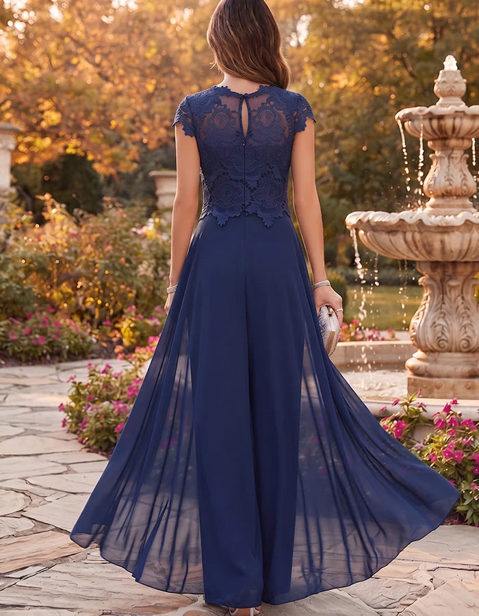 Marineblauer Spitzen-Jumpsuit mit kurzen Ärmeln, Chiffon-Overlay und weitem Bein