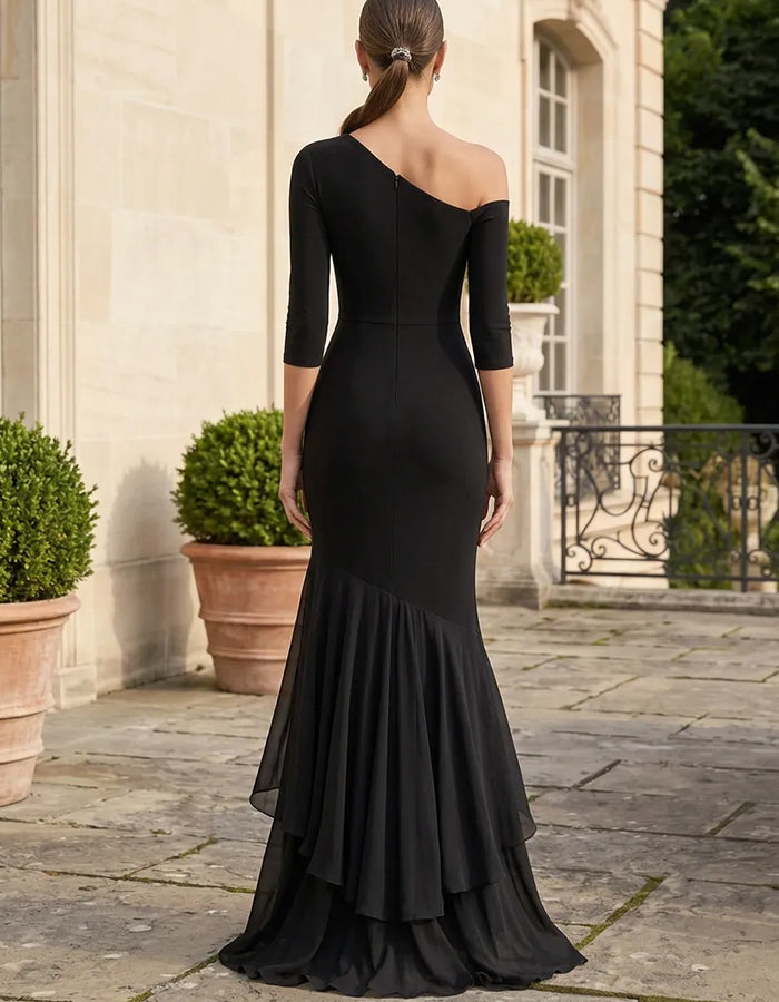 Asymmetrisches One-Shoulder-Maxikleid aus Chiffon mit ¾-langen, überlappenden Ärmeln