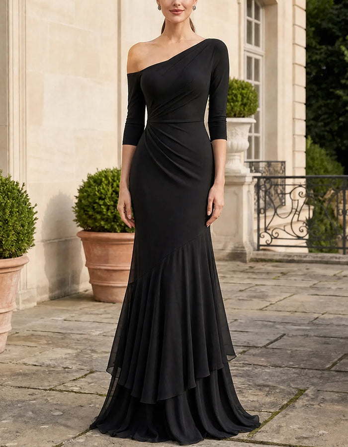 Robe longue superposée en mousseline, asymétrique à une épaule, avec manches 3/4