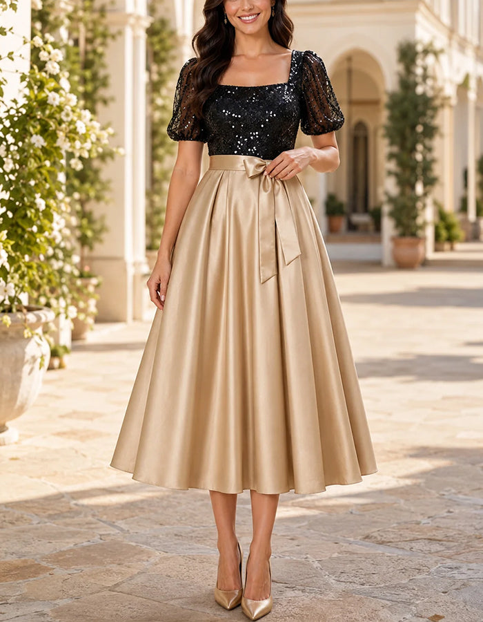 Robe midi trapèze noire et dorée en satin, à encolure carrée, manches bouffantes à sequins et nœud.