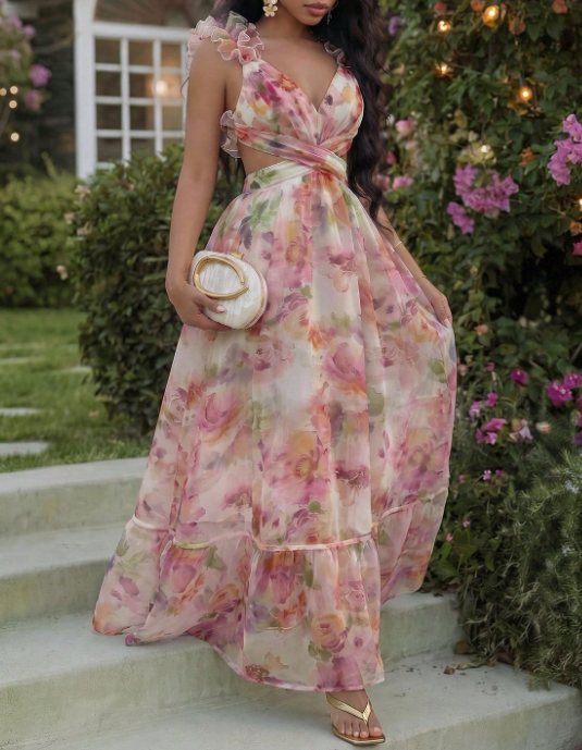 Rosa Chiffon-Maxikleid mit Blumenmuster, V-Ausschnitt, Rüschen-Trägern, Cut-out-Detail, Schnürung am Rücken und A-Linien-Schnitt