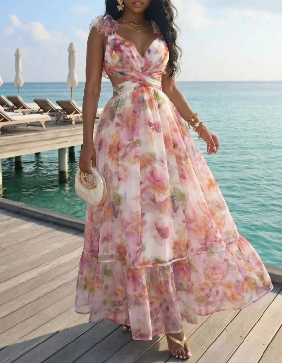 Rosa Chiffon-Maxikleid mit Blumenmuster, V-Ausschnitt, Rüschen-Trägern, Cut-out-Detail, Schnürung am Rücken und A-Linien-Schnitt