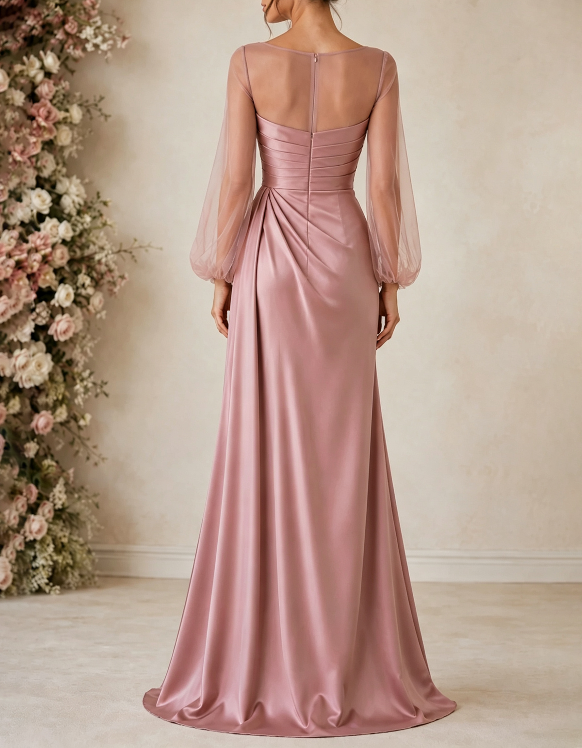 Satijnen maxi-jurk in A-lijn met boothals en pofmouwen van tule