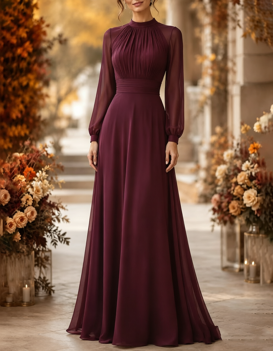 High‑Neck Pleated Chiffon Long Puff‑Sleeve A‑Line Maxi Dress