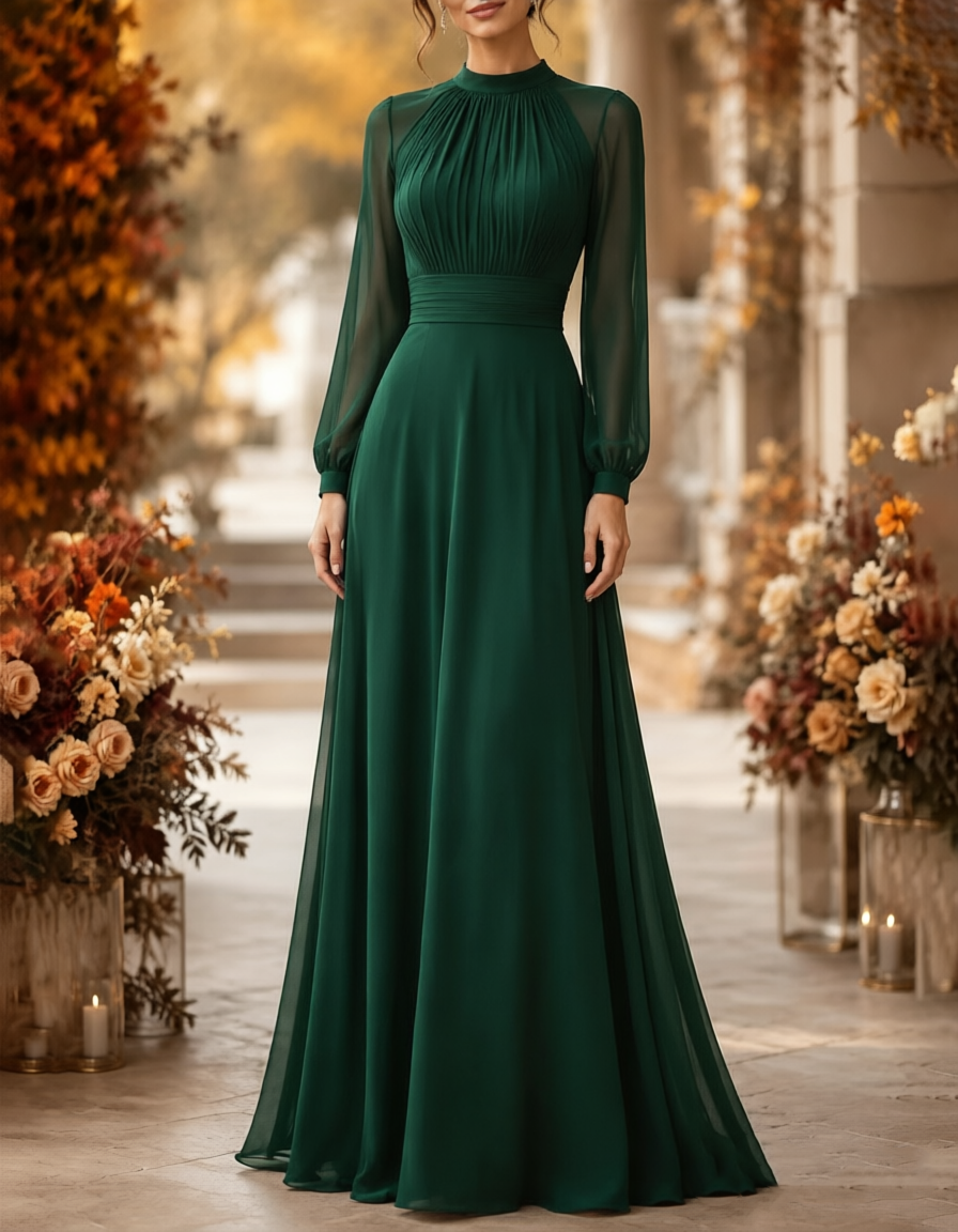 High‑Neck Pleated Chiffon Long Puff‑Sleeve A‑Line Maxi Dress