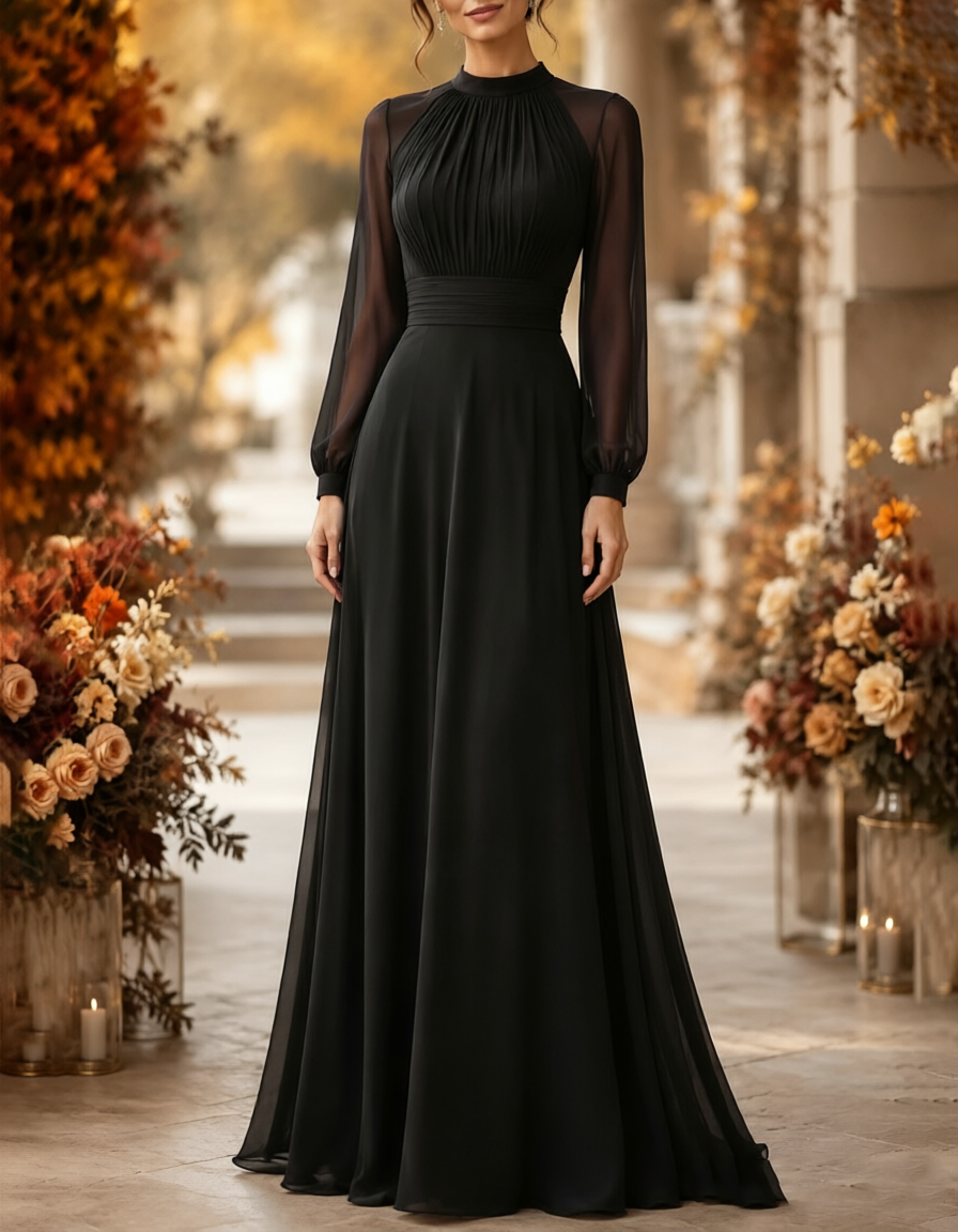 High‑Neck Pleated Chiffon Long Puff‑Sleeve A‑Line Maxi Dress
