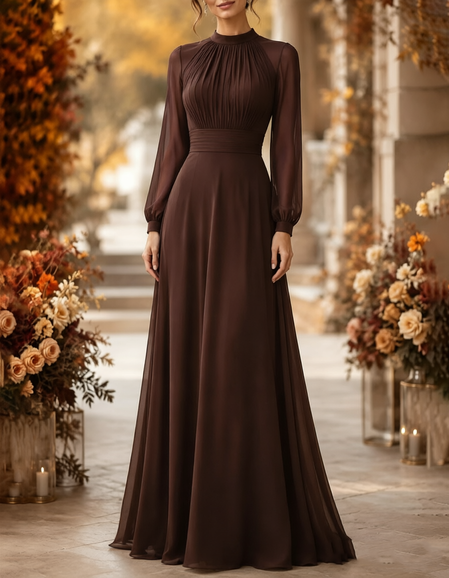 High‑Neck Pleated Chiffon Long Puff‑Sleeve A‑Line Maxi Dress