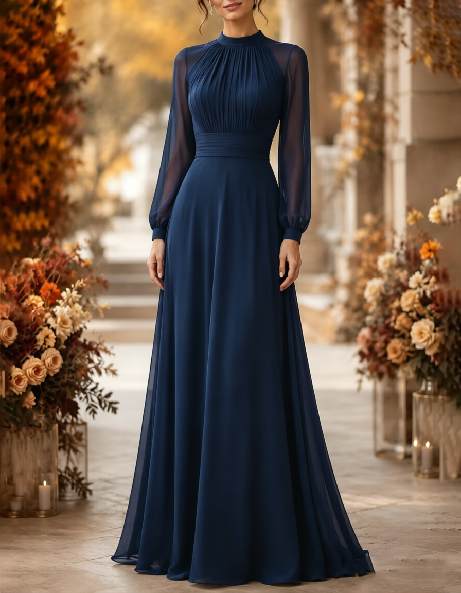 High‑Neck Pleated Chiffon Long Puff‑Sleeve A‑Line Maxi Dress