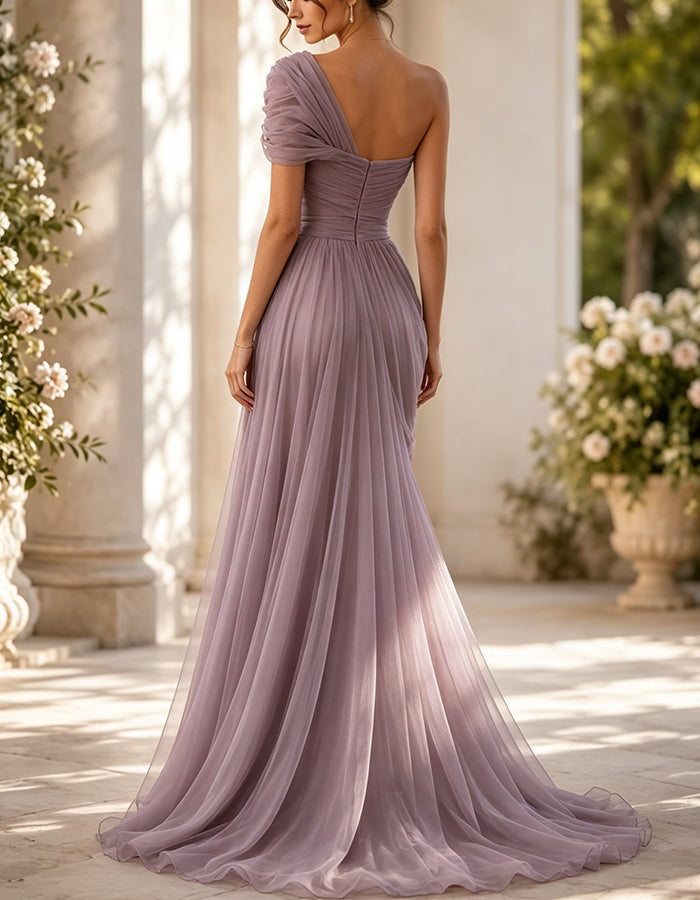 Asymmetrisches drapiertes, gerafftes Mesh-Maxikleid in A-Linie