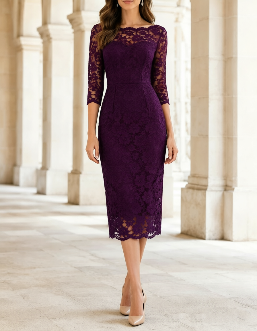 Vestido midi entallado de encaje resistente, con cuello festoneado y mangas 3/4