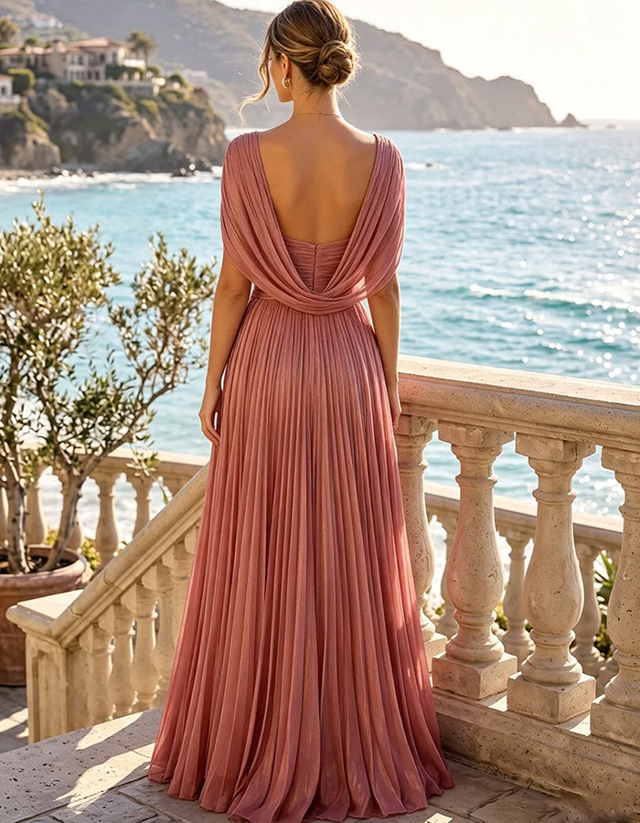 Mauve-pinkfarbenes Maxikleid aus plissiertem, schimmerndem Chiffon mit tiefem V-Ausschnitt und Cape-Ärmeln