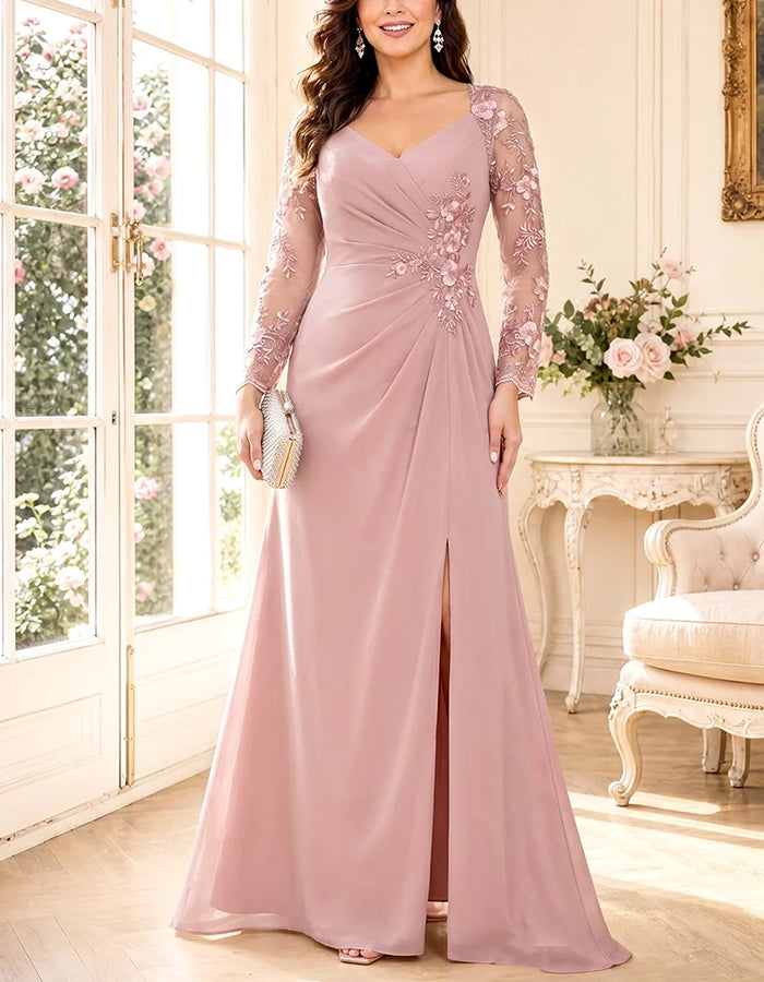 Robe longue fleurie rose en mousseline, col en V, en dentelle et à manches longues