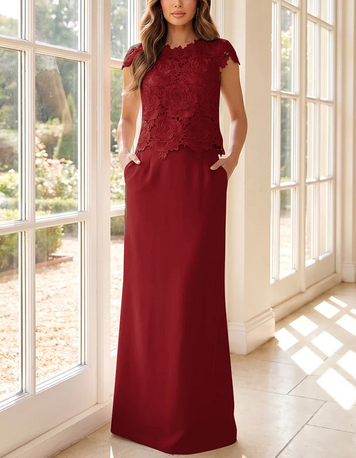 Lace Cap Sleeve Straight With Pockets Chiffon Maxi Dress