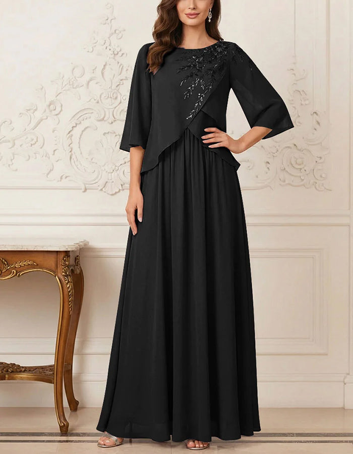 Chiffon Asymmetrical Overlay 3/4 Flared Sleeve Maxi Dress