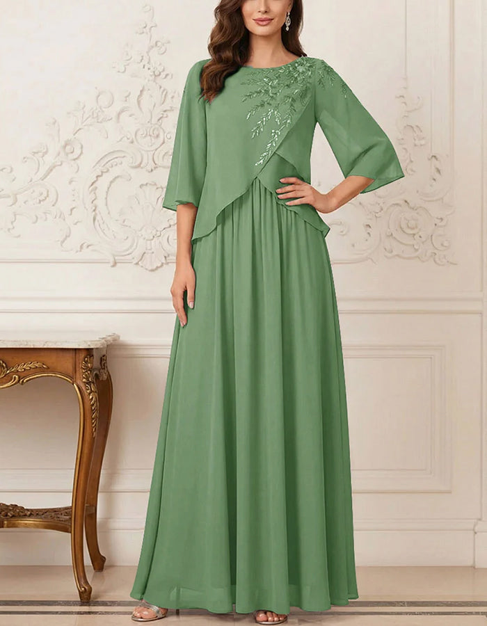 Chiffon Asymmetrical Overlay 3/4 Flared Sleeve Maxi Dress
