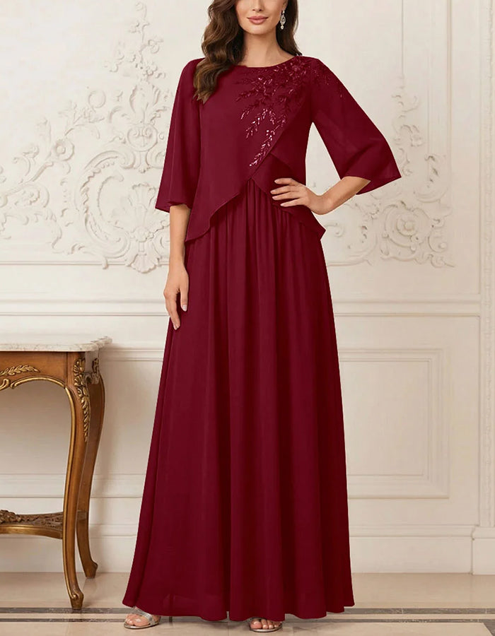Chiffon Asymmetrical Overlay 3/4 Flared Sleeve Maxi Dress