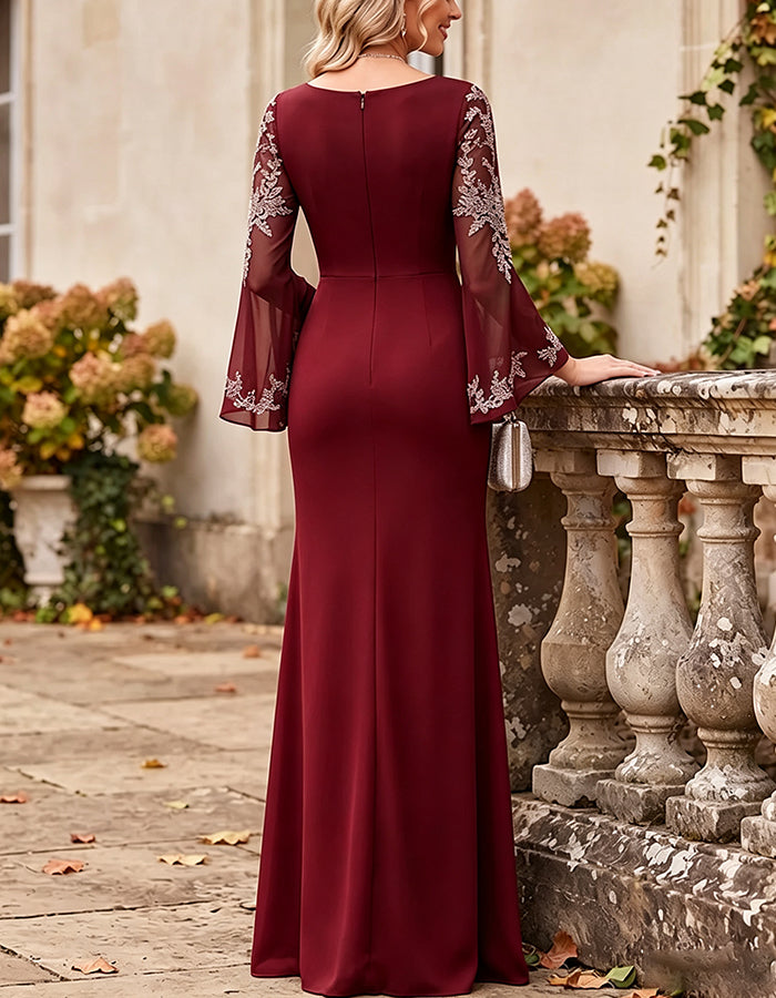 Chiffon-Maxikleid mit U-Boot-Ausschnitt, Spitzenapplikationen und langen Ärmeln