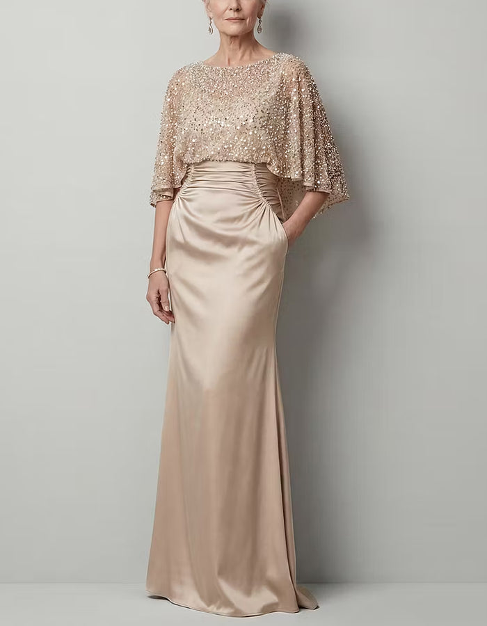 Robe longue maxi en satin et résille pailletée, style châle, couleur champagne