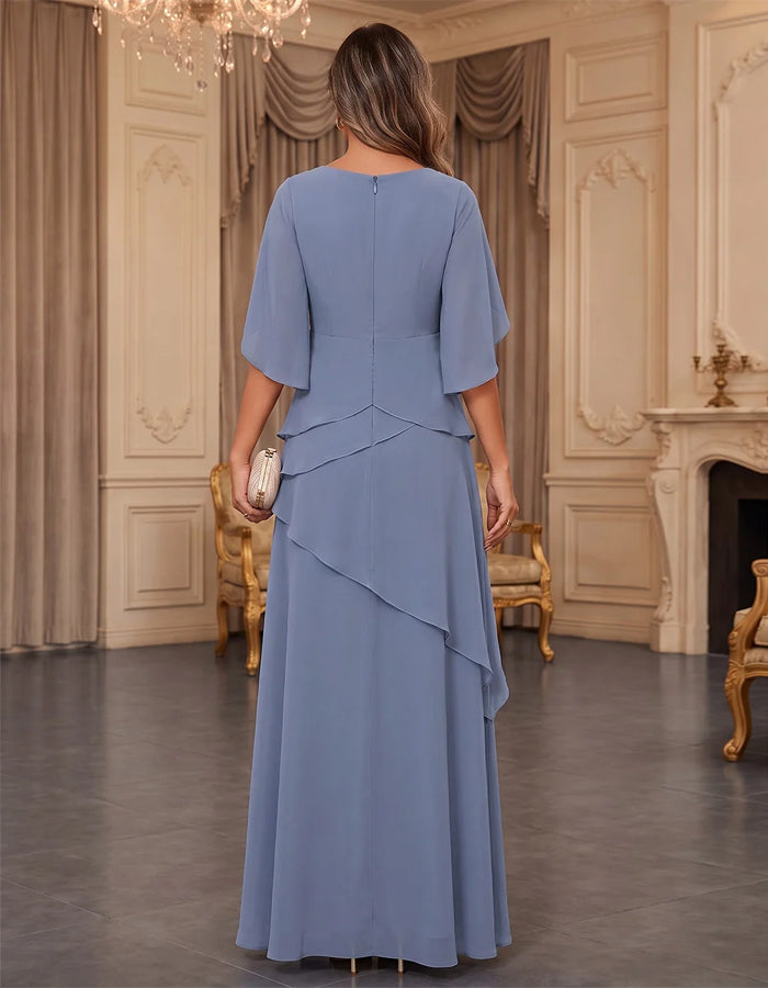 Gray Blue Layered Chiffon Shawl Sleeves Maxi Dress