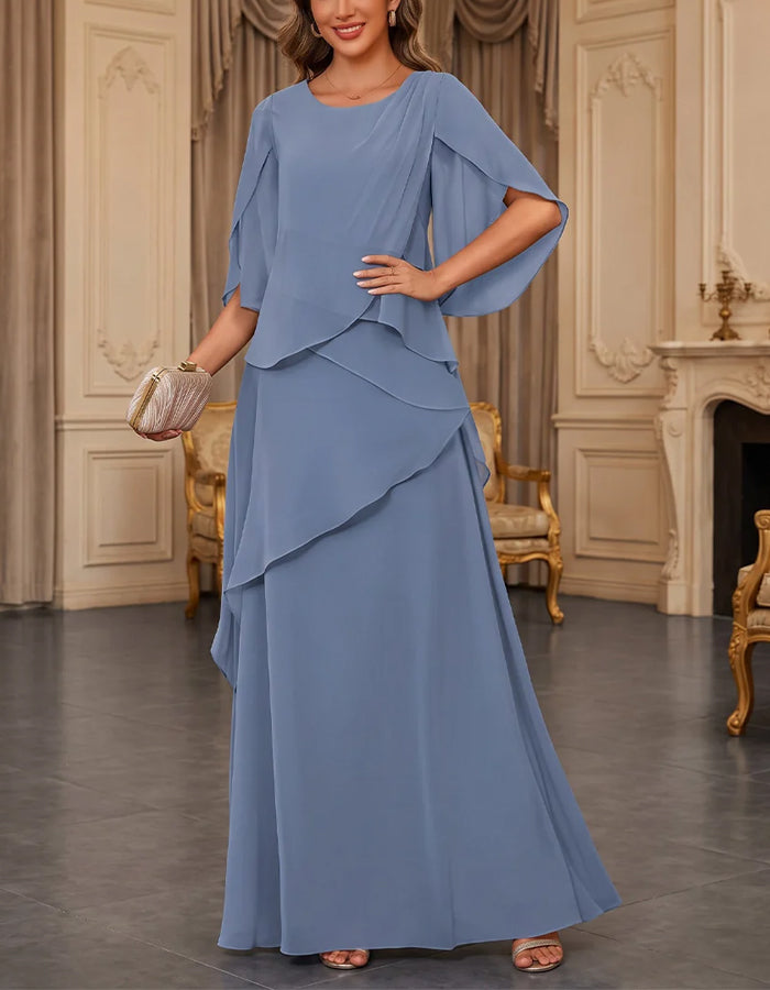 Robe longue gris bleu à manches châle en mousseline de soie superposée