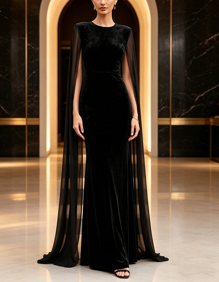 Robe maxi sirène noire en velours et mousseline, à manches châle