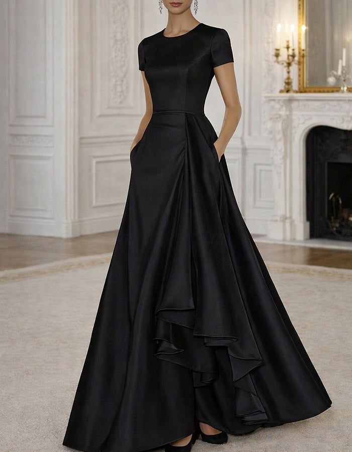 Satin Round Neck Short Sleeve Ruffled High‑Low Hem Maxi Dress