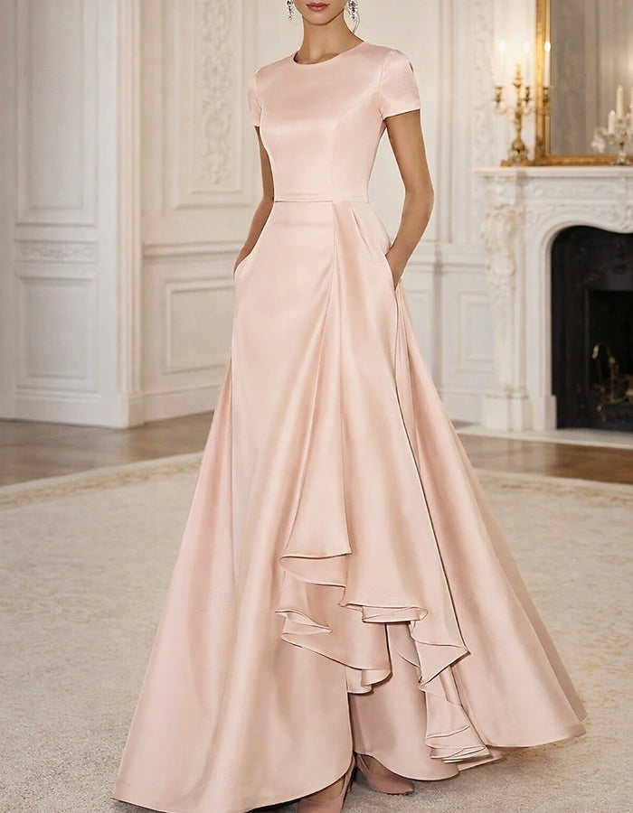 Satin Round Neck Short Sleeve Ruffled High‑Low Hem Maxi Dress