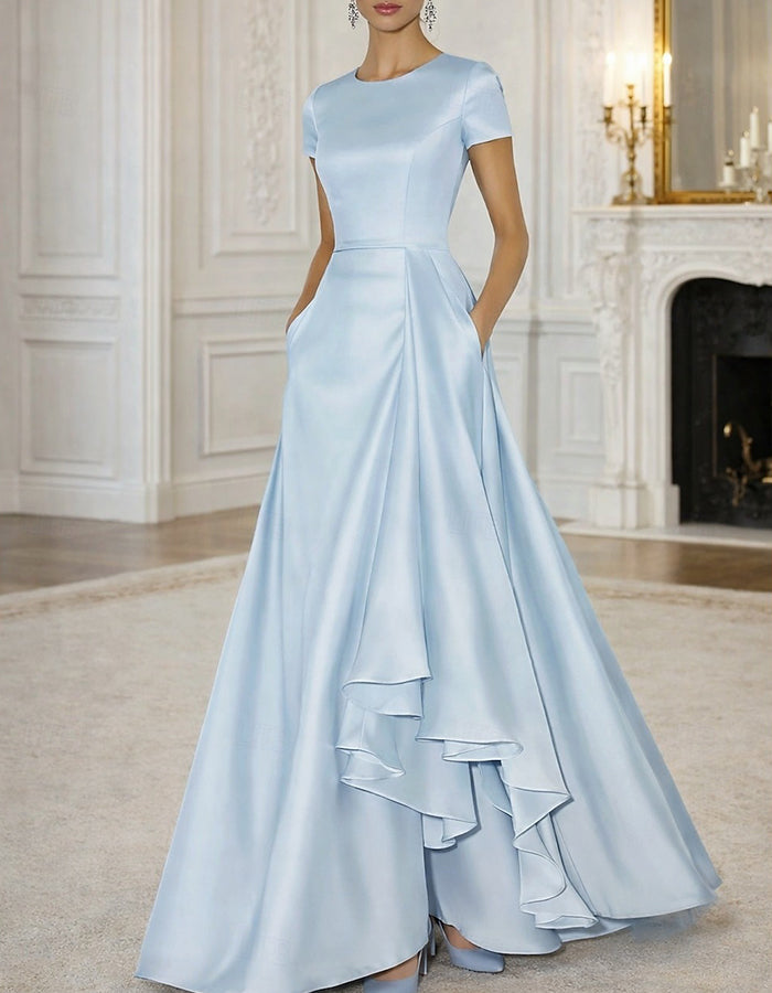 Satin Round Neck Short Sleeve Ruffled High‑Low Hem Maxi Dress