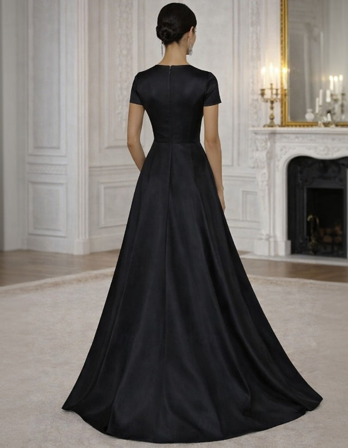 Satin Round Neck Short Sleeve Ruffled High‑Low Hem Maxi Dress