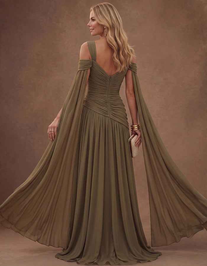 Olive Green Chiffon Off‑Shoulder Cape Sleeve High Slit Maxi Dress
