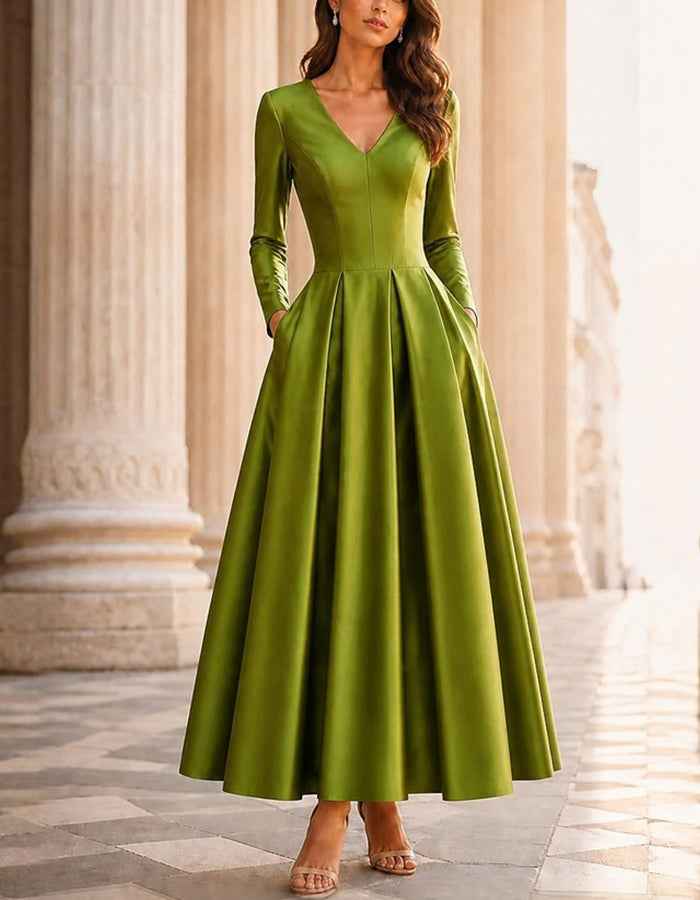 Satin V‑Neck Long Sleeve Pleated A‑Line Midi Dress