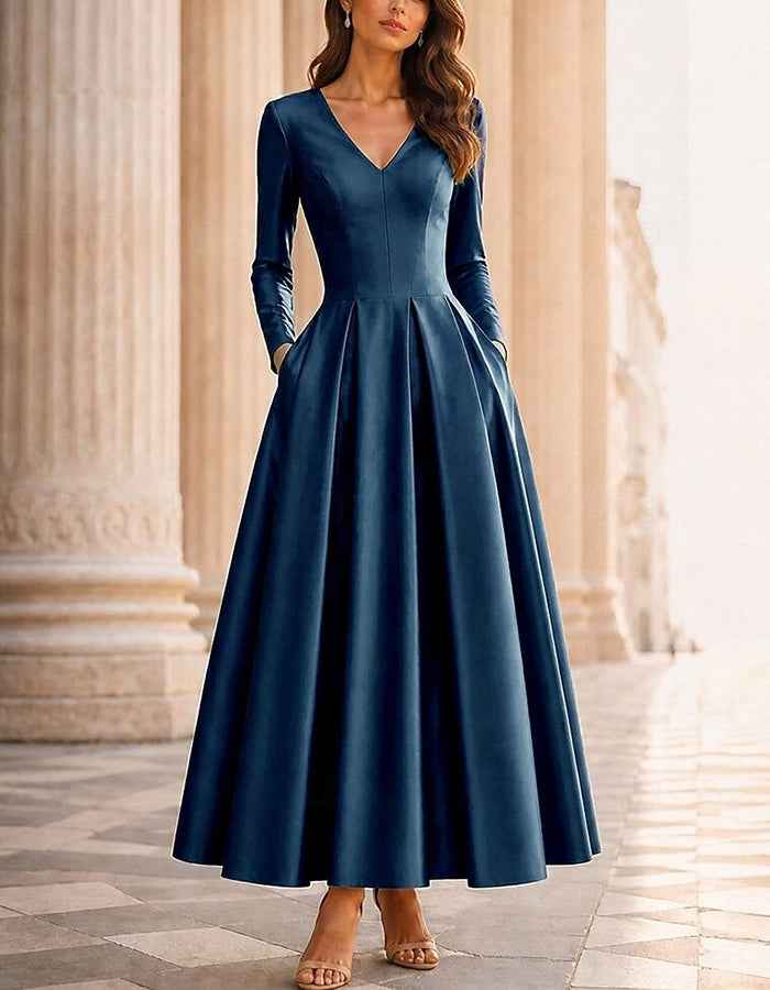 Satin V‑Neck Long Sleeve Pleated A‑Line Midi Dress