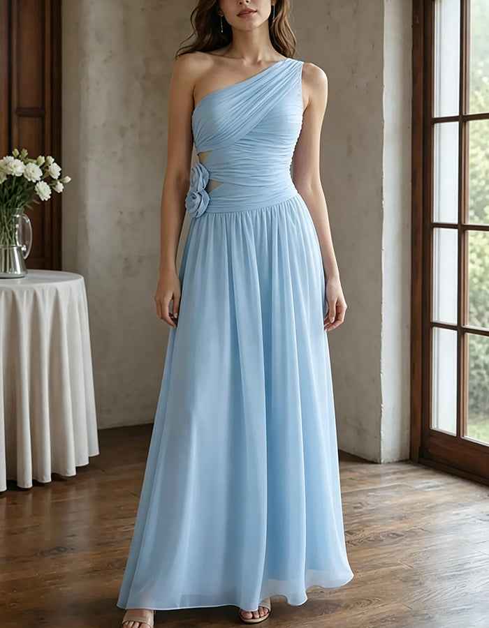 Chiffon One‑Shoulder Ruched Waist Cutout 3D Floral Maxi Dress