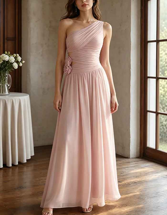 Chiffon One‑Shoulder Ruched Waist Cutout 3D Floral Maxi Dress