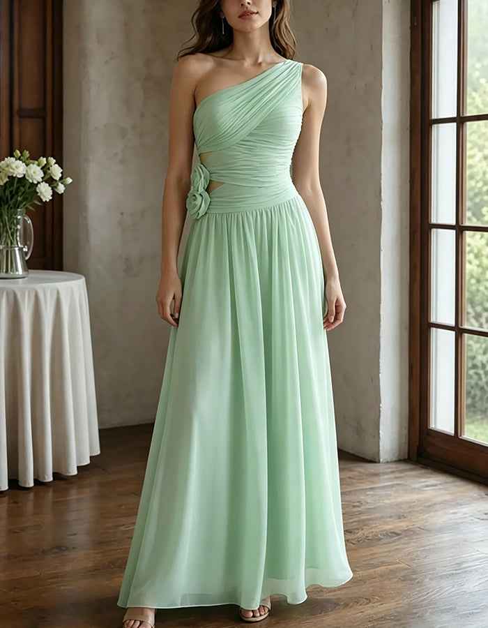 Chiffon One‑Shoulder Ruched Waist Cutout 3D Floral Maxi Dress